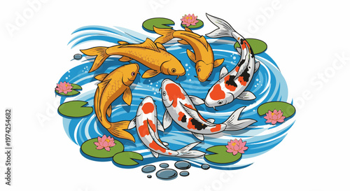 Six colorful koi fish swim among pink water lilies in a blue, wavy pond with pebbles