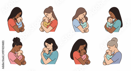 Diverse mothers tenderly embrace and hold their infants, showcasing gentle affection