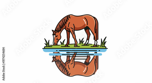 Stylized brown horse grazing by a reflective blue water body on a white background