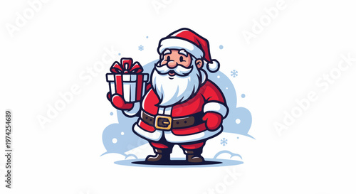 Jolly Santa Claus, wearing his classic red suit and hat, holds a gift box with a red ribbon, amidst falling snow