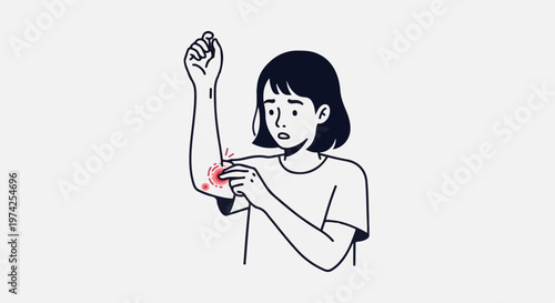 A person with short hair, wearing a simple t-shirt, examines their arm where red circles indicate discomfort