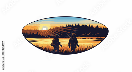 Two hunters walking through a field towards a forest at sunset
