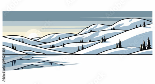 Minimalist snow-covered hills reflect in a calm, icy body of water under a hazy sky