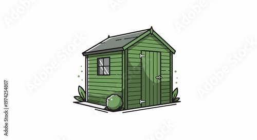 A quaint, green wooden shed with a window and double doors, set against a white backdrop