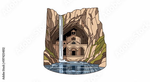 A pixelated illustration of a building nestled within a cliff face beside a cascading waterfall