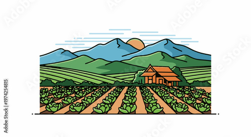 A scenic farmland with lush green rows of vegetables, a rustic home, and majestic mountains