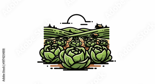 Lush green cabbage patch under rolling hills, with a small rustic dwelling