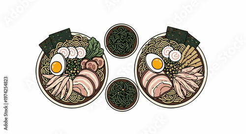 A stylized top-down illustration of two bowls of ramen noodles, garnished with egg, pork, seaweed, and vegetables