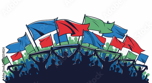 A jubilant crowd waving colorful flags, expressing unity and celebration