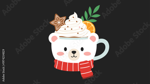 Charming bear-shaped ceramic mug filled with hot cocoa and topped with whipped cream and a gingerbread star cookie.