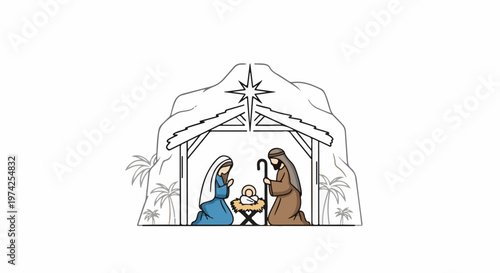 A simple illustration depicts a Nativity scene inside a stable, with Mary, Joseph, and baby Jesus