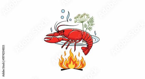 A vibrant illustration depicts a red lobster being cooked over a campfire with dill
