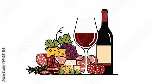 A charcuterie board featuring cured meats, cheeses, olives, grapes, and a glass of red wine beside a bottle