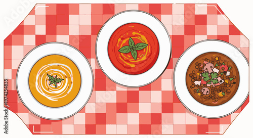 Three bowls of soup with garnishes sit on a red and white checkered tablecloth