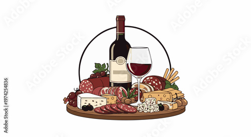 A festive platter with a wine bottle, glass, meats, cheeses, grapes, and breadsticks