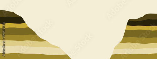 Flat layered valley. Sedimentary rock cliff