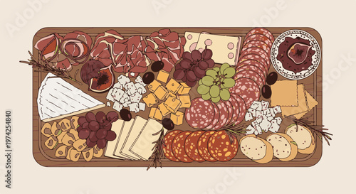 A rustic platter with assorted meats, cheeses, grapes, figs, olives, crackers, and bread