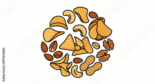 A circular arrangement of various snacks, including potato chips, tortilla chips, peanuts, almonds, cashews, and walnuts