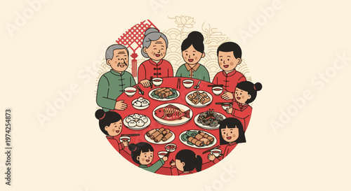 A festive multi-generational family enjoys a lavish meal around a round red table