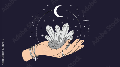 Human hand cradling a magical crystal cluster beneath a glowing crescent moon and a vast field of shimmering stars.