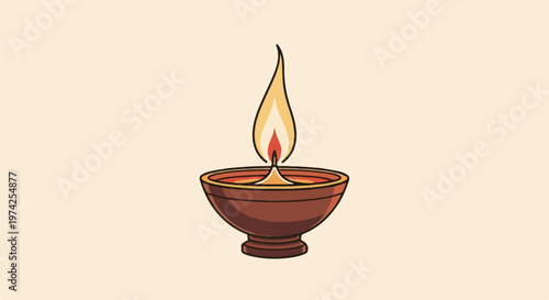 A terracotta oil lamp with a bright, flickering flame