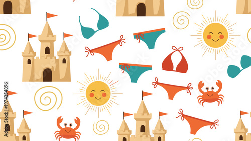 Colorful beach theme seamless pattern including sandcastles smiling suns bright bikinis and cute orange crabs.