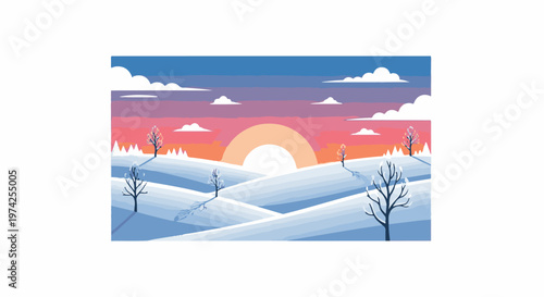Pixel art winter landscape with bare trees and rolling snow-covered hills under a gradient sunset sky