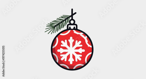 Festive red bauble with snowflake, adorned with fir branch, on a neutral background