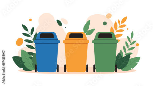 Three colorful recycling bins in blue yellow and green colors placed against a natural background of green leaves.
