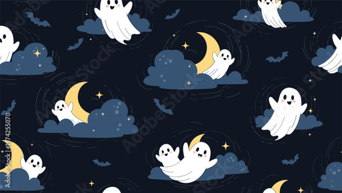Whimsical seamless pattern featuring happy ghosts floating among crescent moons and twinkling stars in a dark night sky.