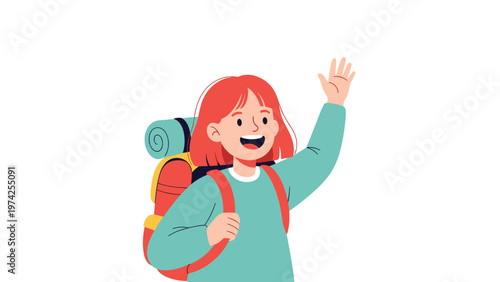 Happy young girl with red hair wearing a teal sweater and a large backpack waves while going on a fun hiking adventure.