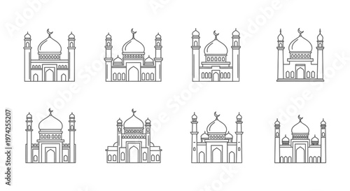 Collection of mosque architecture line drawings.