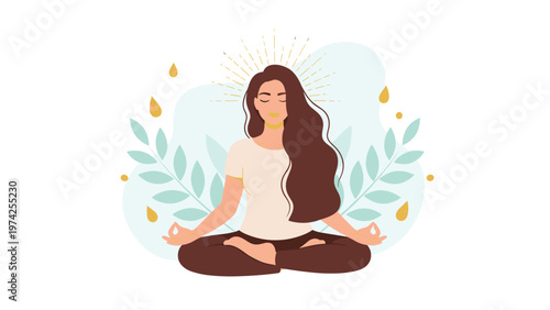 Beautiful woman practices yoga in a lotus position surrounded by green leaves and golden light rays for inner peace.