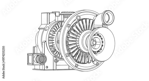 Detailed drawing of a turbine engine.