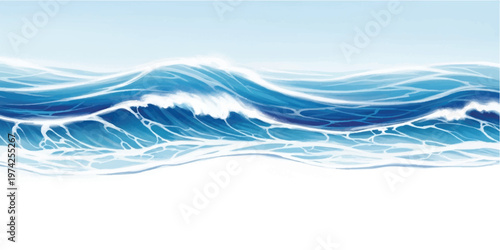 Abstract flowing wave with swirling blue and white watercolor brush strokes on a white background
