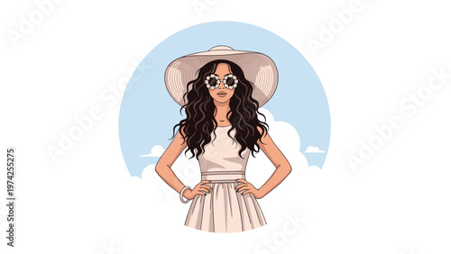 Elegant woman wearing a large sun hat and floral sunglasses stands confidently against a bright blue sky with clouds.