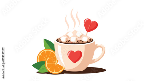 Delicious cup of hot chocolate with fluffy marshmallows, orange slices, and a heart shaped lollipop for a cozy treat.