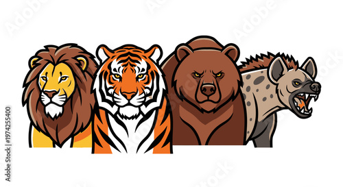 Lion tiger bear and hyena heads.