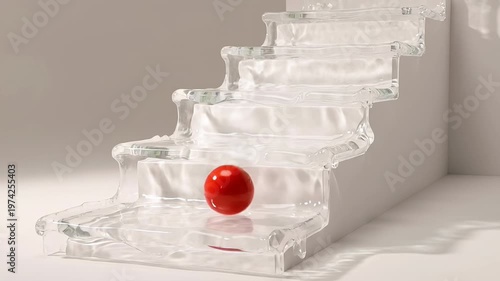 Surreal glass staircase with red sphere showcasing modern abstract art