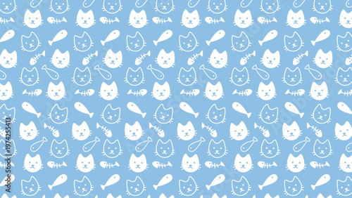Cute cartoon cats and fish float on light blue background. White silhouettes form playful, repeating pattern. Soft pastel tones bring cheerful, childlike vibe