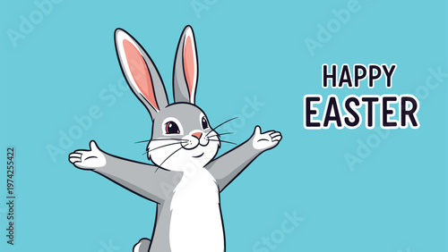 Friendly gray rabbit with its arms wide open wishes everyone a happy Easter in this cheerful holiday illustration.