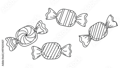 Set of four wrapped hard candies in a simple black and white line art style is perfect for coloring or icon design.