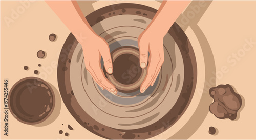 Top-down view of a person's hands skillfully shaping a piece of clay on a spinning pottery wheel, illustrating the creative process of ceramics.
