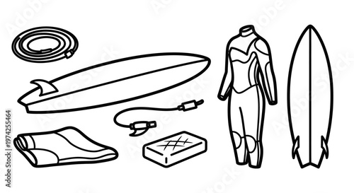 Surfing equipment set with board accessories.