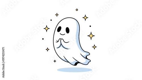 Adorable little ghost floats happily among twinkling yellow stars in this cute and simple Halloween themed illustration.