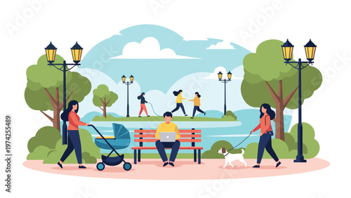 Diverse people enjoy a sunny day in a city park while walking dogs, pushing strollers, and working on their laptops.