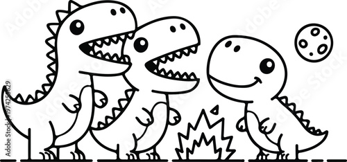Minimalist black and white line art illustration of three cartoon dinosaurs in friendly poses isolated on clean white background