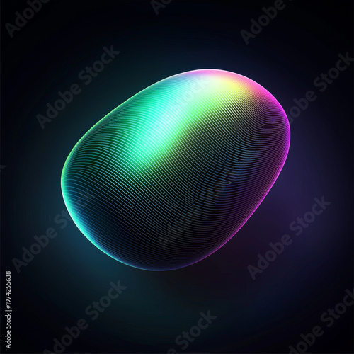 Luminous abstract capsule shape, glowing with a vibrant green to purple gradient, intricate fine lines on a dark background