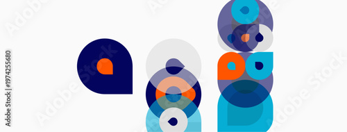 Abstract geometric shapes, circles, overlapping forms. Blue, orange hues dominate composition. Minimalist design, modern aesthetic.