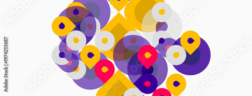 Abstract composition featuring overlapping circles, vibrant colors. Yellow, purple, pink hues create dynamic visual texture. Modern design elements present.